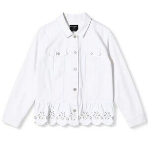 Susan Graver White Denim Peplum Jacket Eyelet Lace Hem Button Front Size XL